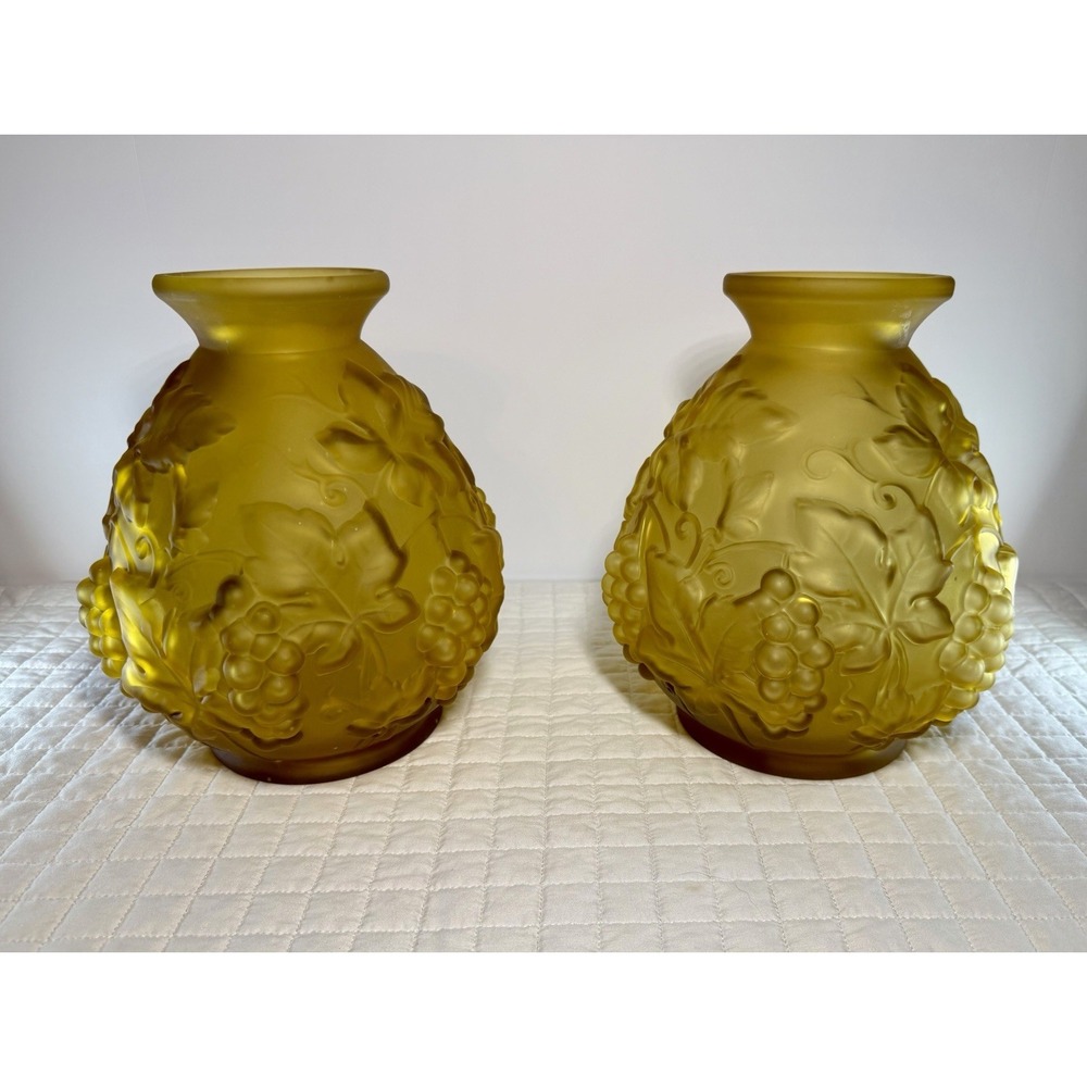 Etaleune Paris France Signed Satin Art Glass Grape Vine Vase Pair Antique - Picture 9 of 16